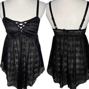 Torrid Black Lace Criss Cross Strappy V Neck Sheer Chemise Babydoll Top Size 10